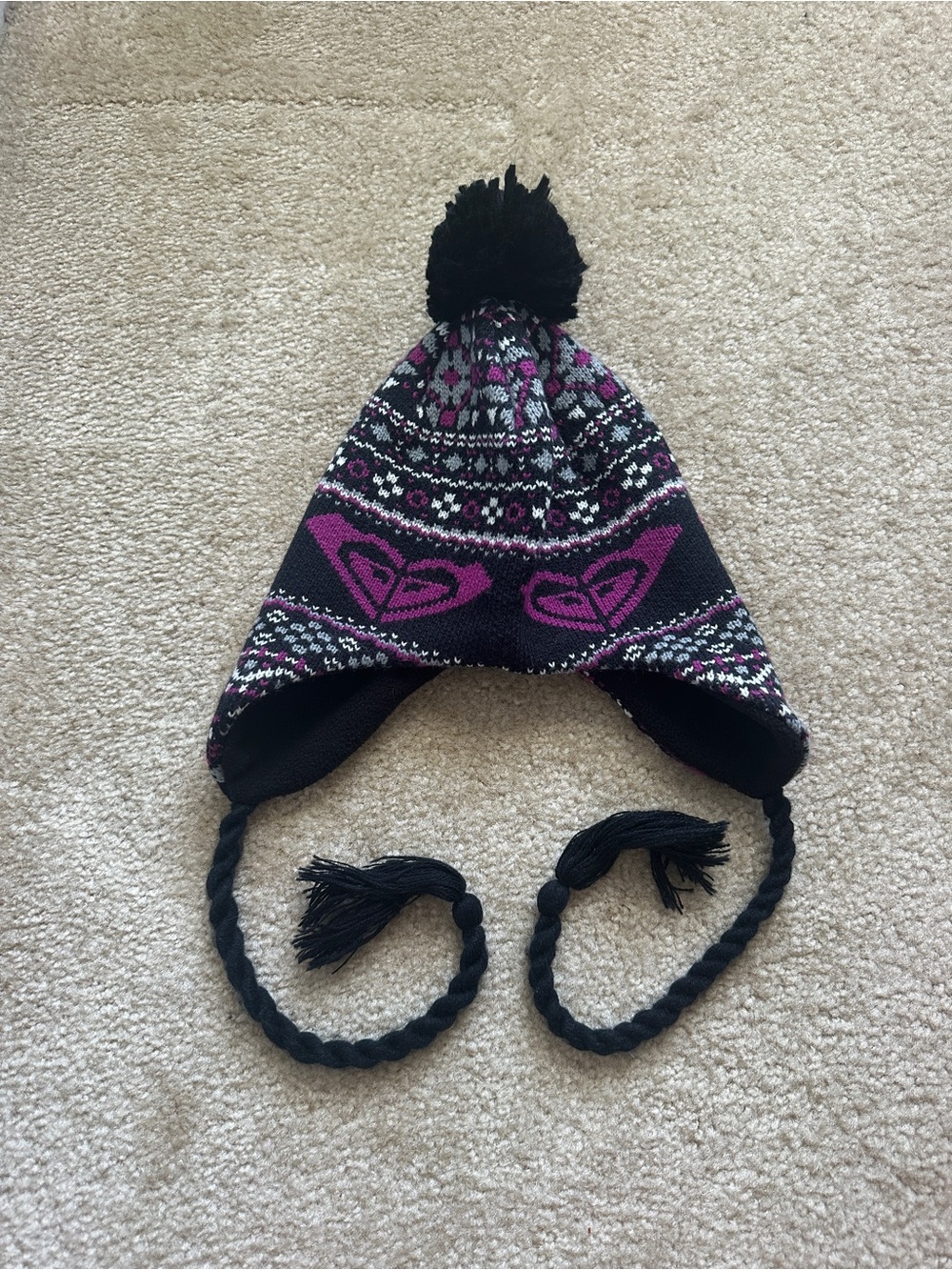 Roxy Women’s Black and Purple Pom-Pom Earflap Hat